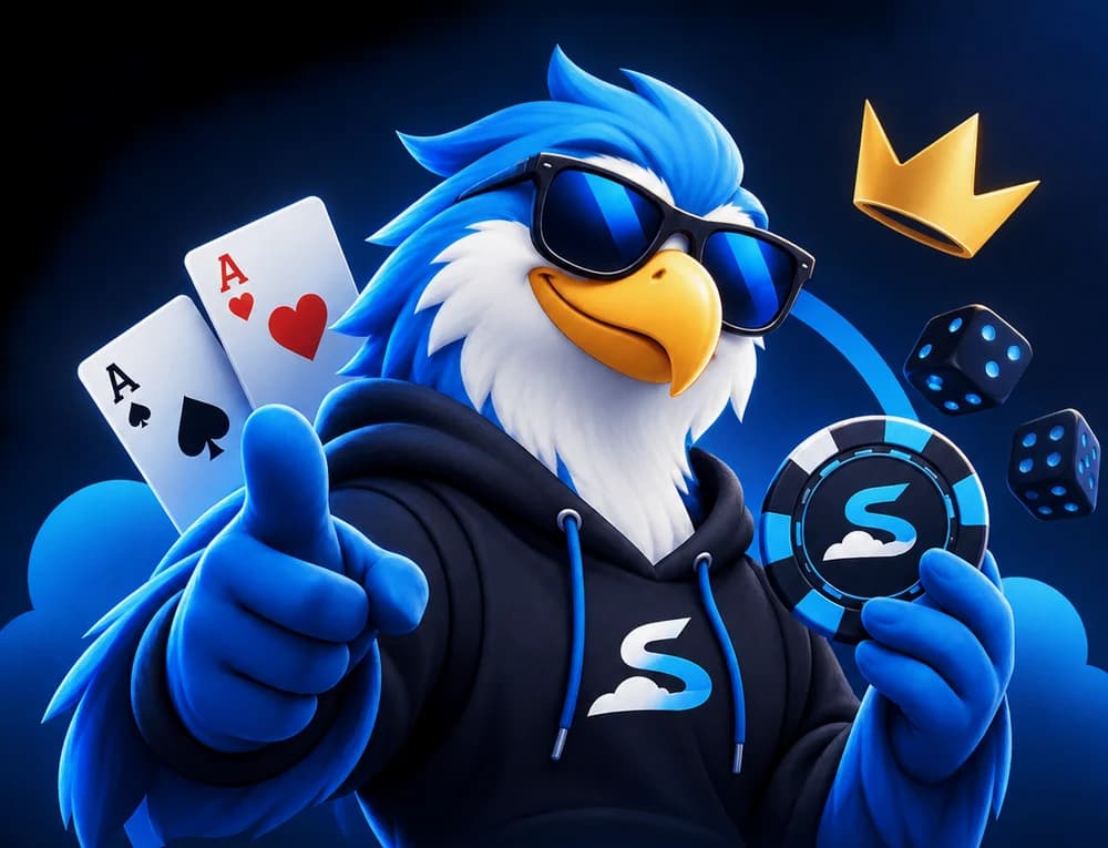 Sky, the SkyStake eagle, holding a pair of aces and a poker chip